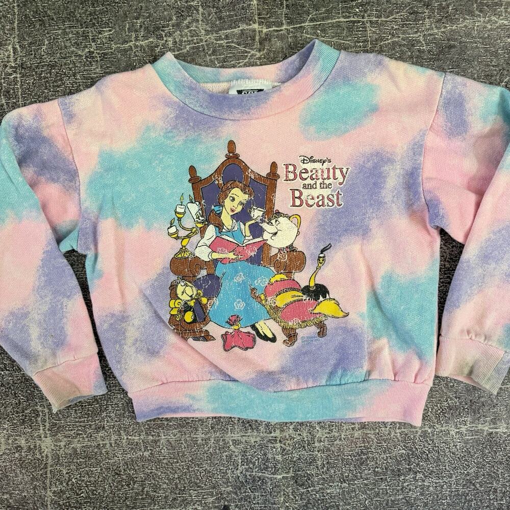 Girls Vintage 90's Disney Beauty and The Beast Pink Blue Promo Sweatshirt Sz 3T